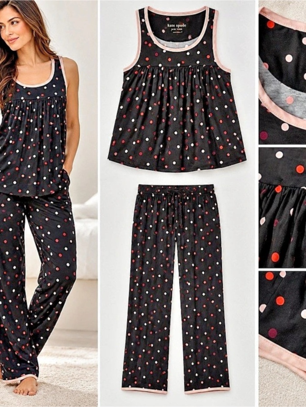 Kate Spade Polka Dot Pajama Set in Black & Pink Size Small